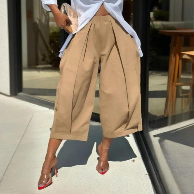 Women's Solid Color Cotton Wide Leg Cropped Pants With Pleats & Pockets - Spring Summer Fashion Comfortable Loose Trousers
