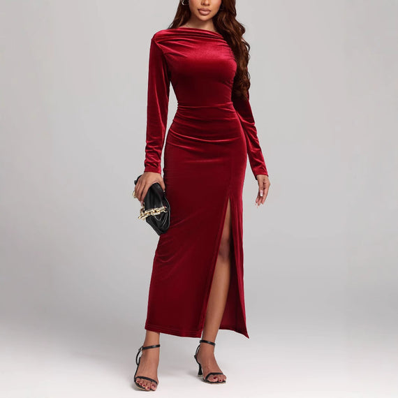 Women's Clothing Slit Formal Dress Pleuche Dress