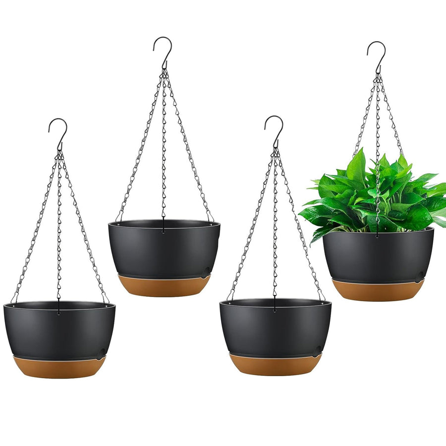 Set of 4 Hanging Planters (9.64" Diameter) with Drainage & Removable Self-Watering Tray – Perfect Plastic Pots for Indoor & Outdoor Herbs, Ivy, Ferns, and Flowers