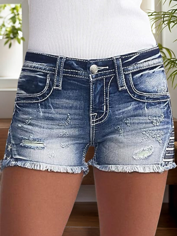 2025 Women's Denim Shorts, Ripped Jeans, Frayed Hem Design, Built-in Zipper Closure, Tight Fitting Denim Shorts